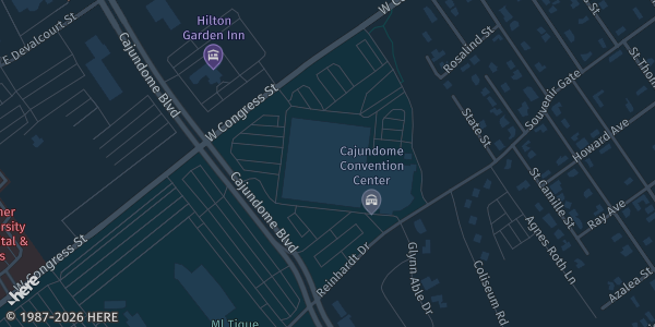 Map showing Cajundome Convention Center in Lafayette, LA.