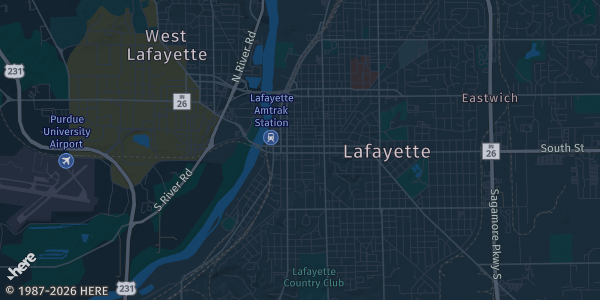 Map of Lafayette, IN. The exact address of Tippecanoe County Fairgrounds is not known, so the map shows the area rather than a specific building.