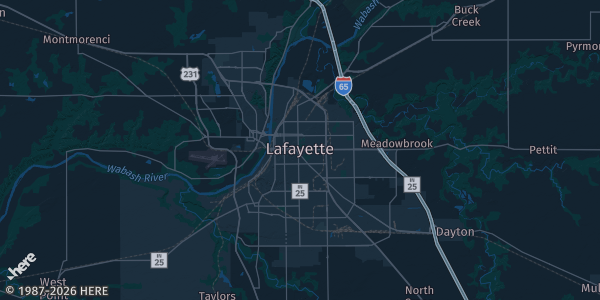 Map of Lafayette, IN. The exact address of this venue is not known, so the map shows the area rather than a specific building.