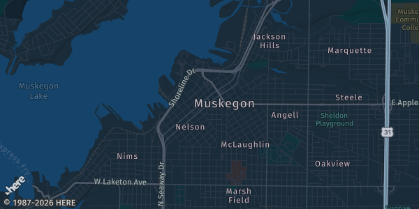 Map of Muskegon, MI. The exact address of The Lakes Mall is not known, so the map shows the area rather than a specific building.