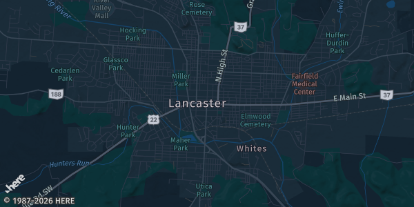 Map of Lancaster, OH. The exact address of Lancaster Campground-activity building is not known, so the map shows the area rather than a specific building.