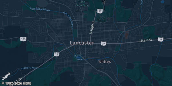 Map of Lancaster, OH. The exact address of Lancaster Camp Ground is not known, so the map shows the area rather than a specific building.