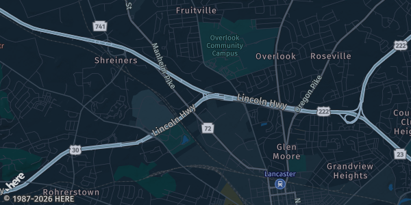 Map of Lancaster, PA. The exact address of Farm and Home Center is not known, so the map shows the area rather than a specific building.