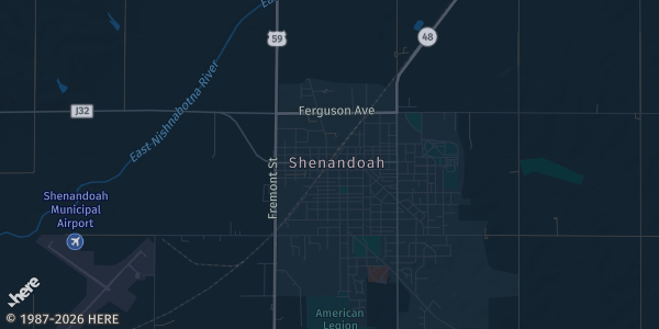 Map of Shenandoah, IA. The exact address of The Mill Downtown Shenandoah is not known, so the map shows the area rather than a specific building.