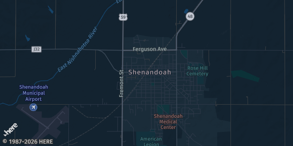 Map of Shenandoah, IA. The exact address of The Mill Downtown Shenandoah is not known, so the map shows the area rather than a specific building.