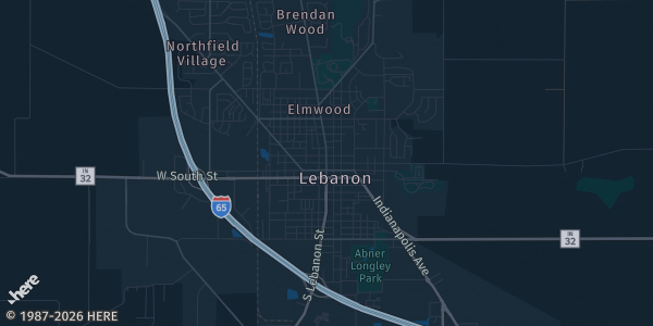 Map of Lebanon, IN. The exact address of Boone County Fairgrounds is not known, so the map shows the area rather than a specific building.