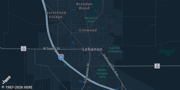 Map of Lebanon, IN. The exact address of Boone County Fairgrounds is not known, so the map shows the area rather than a specific building.