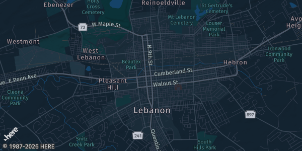 Map of Lebanon, PA. The exact address of 80 Rocherty Rd. is not known, so the map shows the area rather than a specific building.