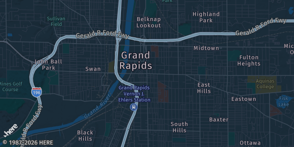 Map of Grand Rapids, MI. The exact address of Legends Sports and Games Event Center is not known, so the map shows the area rather than a specific building.