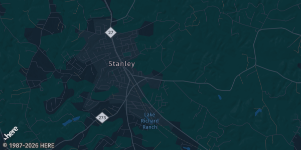 Map of Stanley, NC. The exact address of First Baptist Church Stanley is not known, so the map shows the area rather than a specific building.