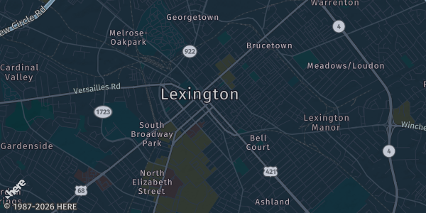 Map of Lexington, KY. The exact address of Quality Inn Hotel is not known, so the map shows the area rather than a specific building.