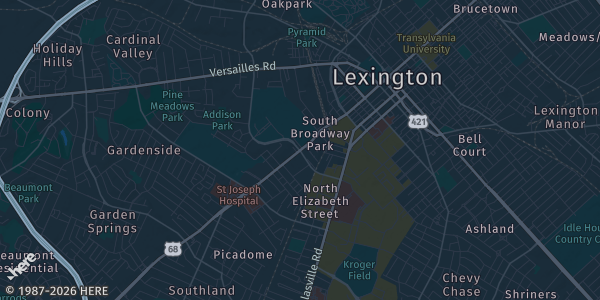 Map of Lexington, KY. The exact address of Lexington Toy and Comic Show is not known, so the map shows the area rather than a specific building.