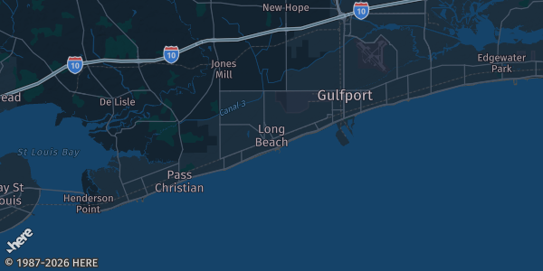 Map of Long Beach, MS. The exact address of LJ's Game&Shop is not known, so the map shows the area rather than a specific building.