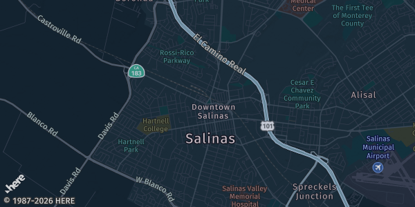 Map of Salinas, CA. The exact address of Courtyard Marriott is not known, so the map shows the area rather than a specific building.