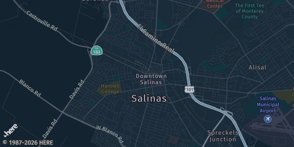 Map of Salinas, CA. The exact address of Courtyard Marriott is not known, so the map shows the area rather than a specific building.