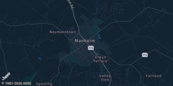 Map of Manheim, PA. The exact address of Spooky Nook Sports is not known, so the map shows the area rather than a specific building.