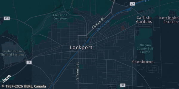 Map of Lockport, NY. The exact address of The Dale Association is not known, so the map shows the area rather than a specific building.