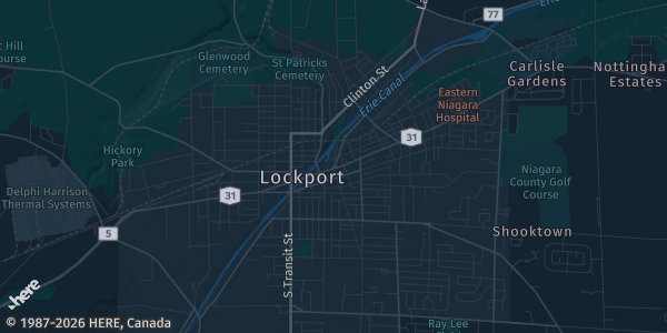 Map of Lockport, NY. The exact address of The Dale Association is not known, so the map shows the area rather than a specific building.