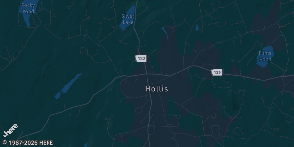 Map of Hollis, NH. The exact address of Alpine Grove Events Centre is not known, so the map shows the area rather than a specific building.