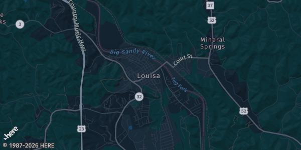 Map of Louisa, KY. The exact address of Lawrence county public library is not known, so the map shows the area rather than a specific building.
