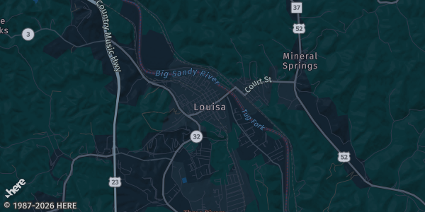 Map of Louisa, KY. The exact address of Lawrence county public library is not known, so the map shows the area rather than a specific building.