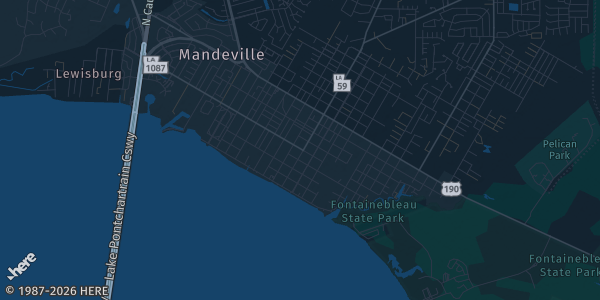 Map of Mandeville, LA. The exact address of Louisianna Card Con is not known, so the map shows the area rather than a specific building.