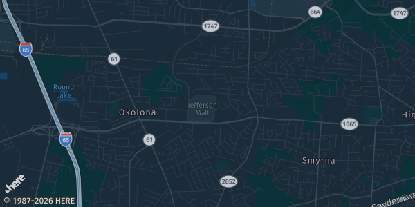 Map of Louisville, KY. The exact address of Jefferson Mall is not known, so the map shows the area rather than a specific building.
