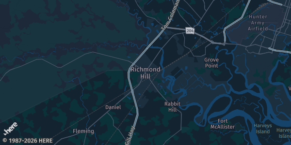 Map of Richmond Hill, GA. The exact address of Timber Trail Gymnasium is not known, so the map shows the area rather than a specific building.