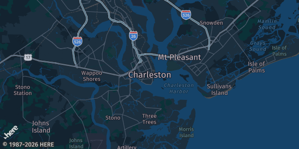 Map of Charleston, SC. The exact address of this venue is not known, so the map shows the area rather than a specific building.
