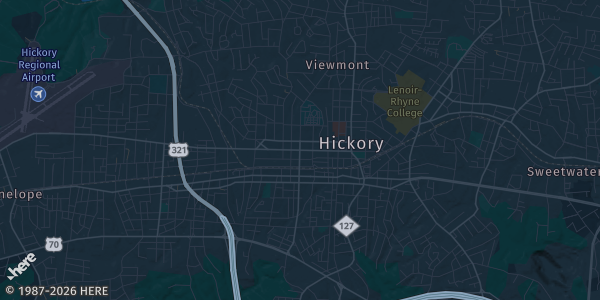 Map of Hickory, NC. The exact address of Valley Hills Mall is not known, so the map shows the area rather than a specific building.