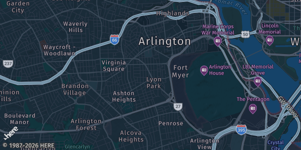 Map of Arlington, VA. The exact address of Hilton Arlington is not known, so the map shows the area rather than a specific building.