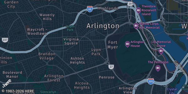 Map of Arlington, VA. The exact address of Hilton Arlington is not known, so the map shows the area rather than a specific building.