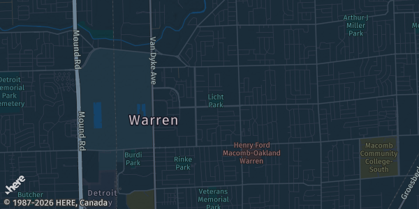 Map of Warren, MI. The exact address of Macomb Community College is not known, so the map shows the area rather than a specific building.