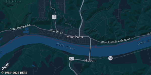 Map of Madison, IN. The exact address of National Guard Armory is not known, so the map shows the area rather than a specific building.
