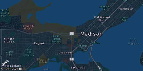 Map of Madison, WI. The exact address of Alliant Energy Center is not known, so the map shows the area rather than a specific building.