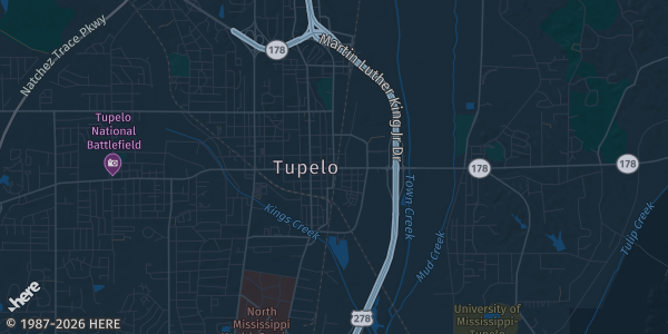 Map of Tupelo, MS. The exact address of Tupelo Furniture Market Building 4 is not known, so the map shows the area rather than a specific building.