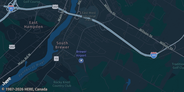 Map of Brewer, ME. The exact address of Brewer Auditorium is not known, so the map shows the area rather than a specific building.
