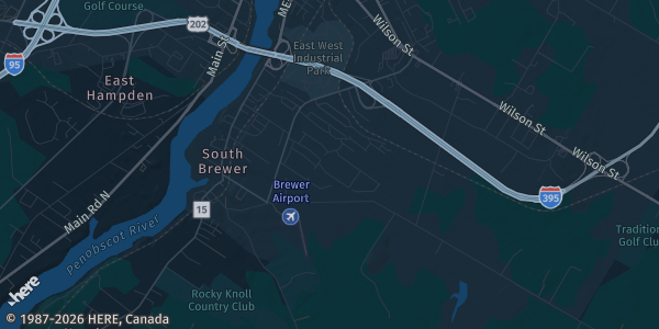 Map of Brewer, ME. The exact address of Brewer Auditorium is not known, so the map shows the area rather than a specific building.