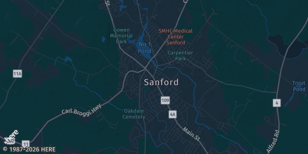 Map of Sanford, ME. The exact address of Sanford Memorial Gym is not known, so the map shows the area rather than a specific building.