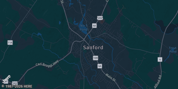 Map of Sanford, ME. The exact address of Sanford Memorial Gym is not known, so the map shows the area rather than a specific building.