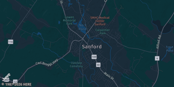 Map of Sanford, ME. The exact address of Memorial Gym is not known, so the map shows the area rather than a specific building.