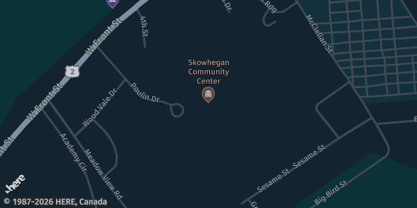 Map showing Skowhegan Community Center and Parks & Recreation Department in Skowhegan, ME.
