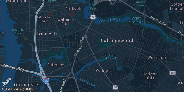 Map of Collingswood, NJ. The exact address of Collingswood Grand Ballroom is not known, so the map shows the area rather than a specific building.