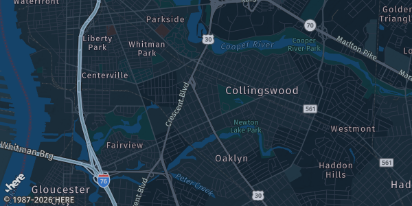 Map of Collingswood, NJ. The exact address of Collingswood Grand Ballroom is not known, so the map shows the area rather than a specific building.