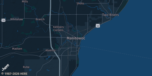 Map of Manitowoc, WI. The exact address of Holiday Inn Manitowoc Ballroom is not known, so the map shows the area rather than a specific building.
