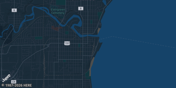 Map of Manitowoc, WI. The exact address of Holiday Inn Manitowoc-Ballroom is not known, so the map shows the area rather than a specific building.