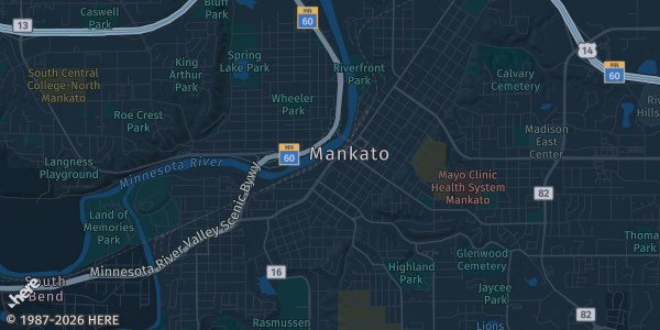 Map of Mankato, MN. The exact address of The Venue (Mankato) is not known, so the map shows the area rather than a specific building.
