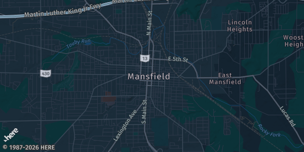 Map of Mansfield, OH. The exact address of Richland County Fairgrounds is not known, so the map shows the area rather than a specific building.