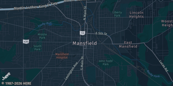 Map of Mansfield, OH. The exact address of Richland County Fairgrounds is not known, so the map shows the area rather than a specific building.