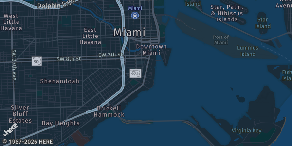 Map of Miami, FL. The exact address of Marina Blue Condos is not known, so the map shows the area rather than a specific building.